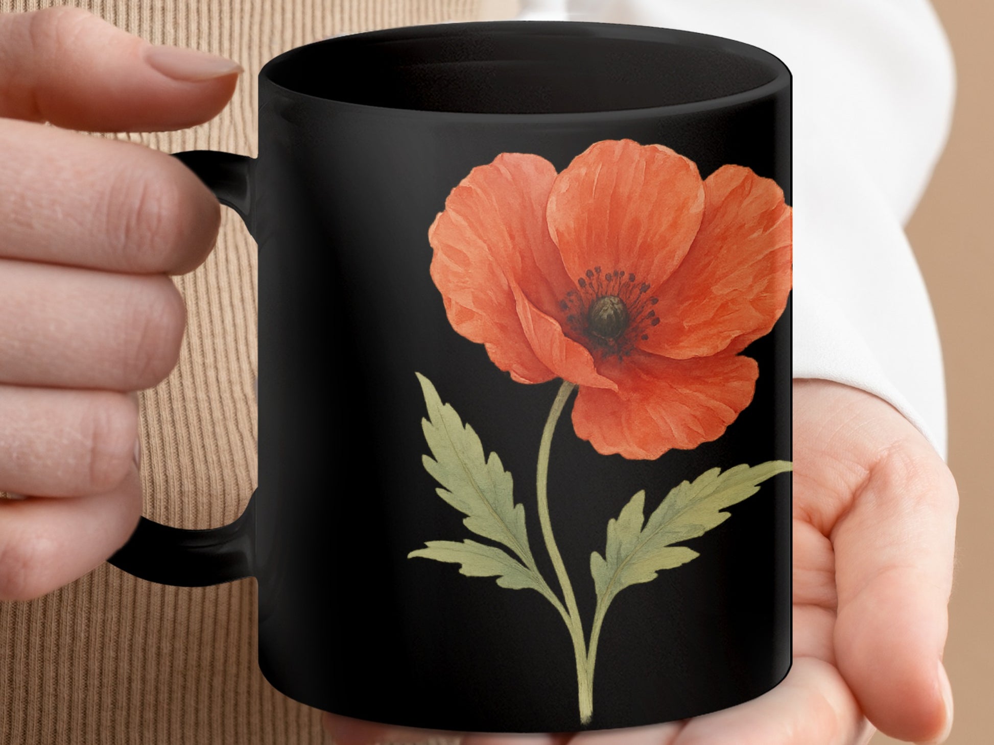 Bright Red Poppy Flower Design on Black Mug product