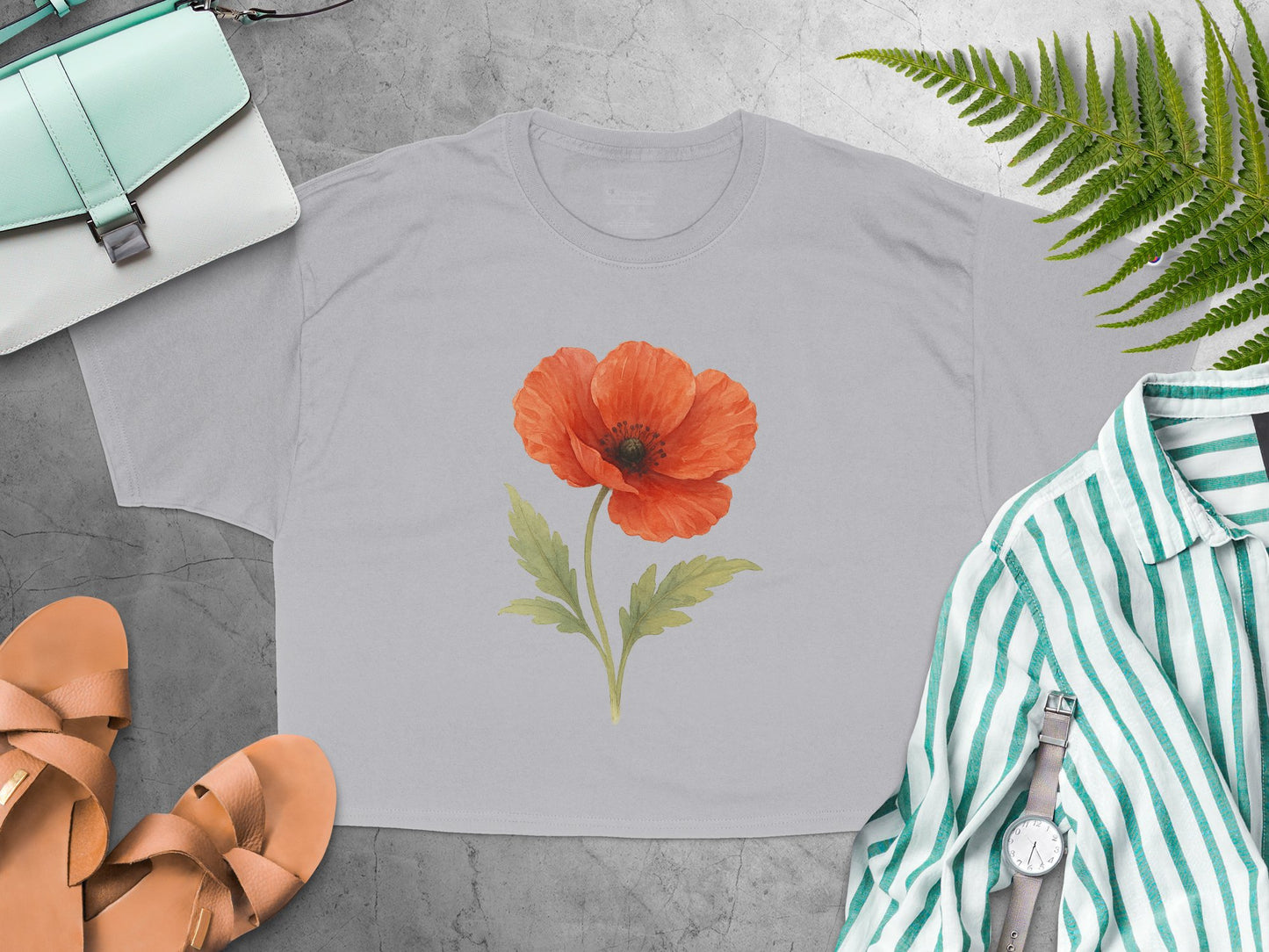 Floral Red Poppy Print Crop Top Casual Fashion product type