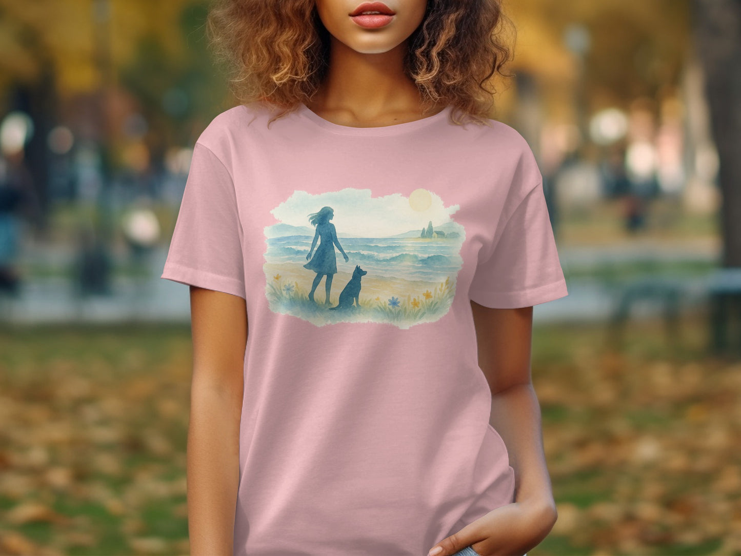 Vibrant Graphic Female Silhouette Dog and Beach T-Shirt Product