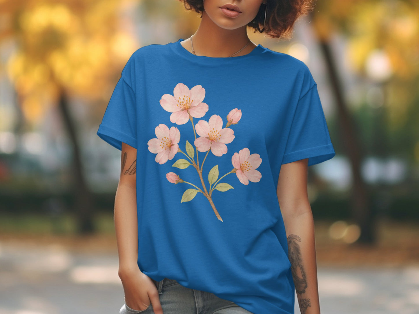 Blossom Pink Floral Graphic Blue T-shirt product