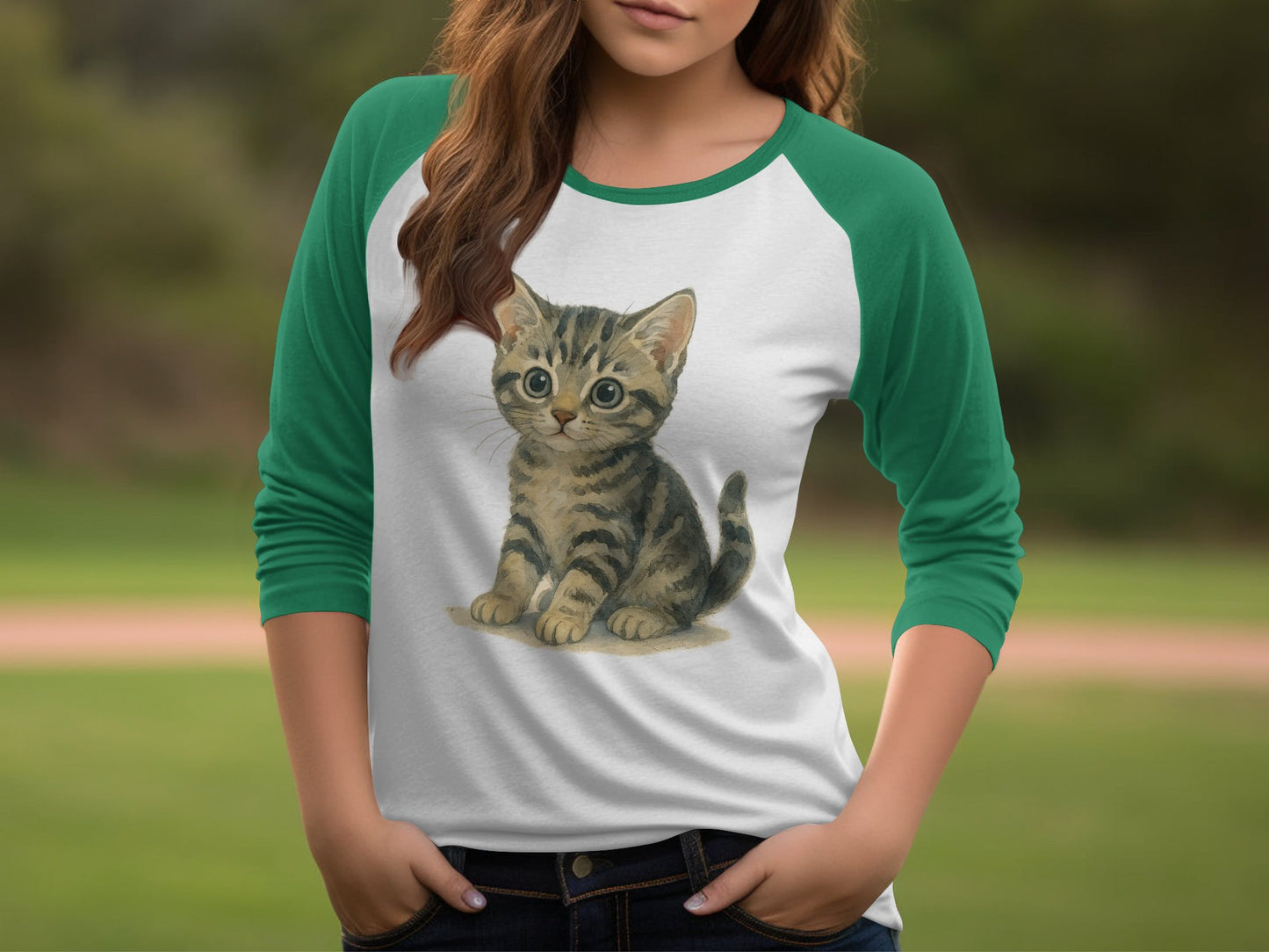 Adorable Kitten Design Green Sleeves Baseball Tee product type