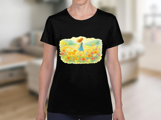 Woman Walking in Sunflower Field T-Shirt product