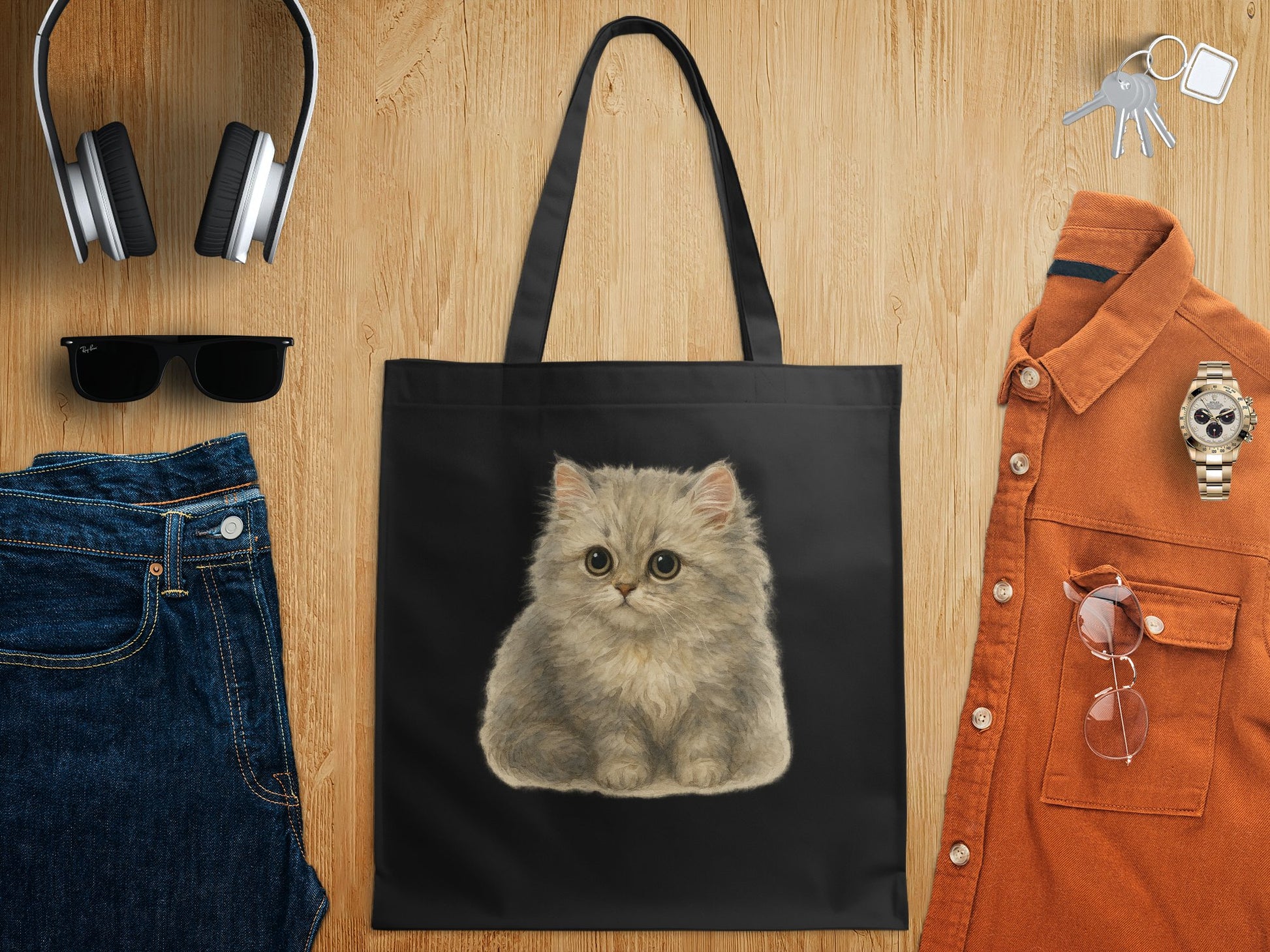 Adorable Kitten Print Black Tote Bag Cute Cat Product