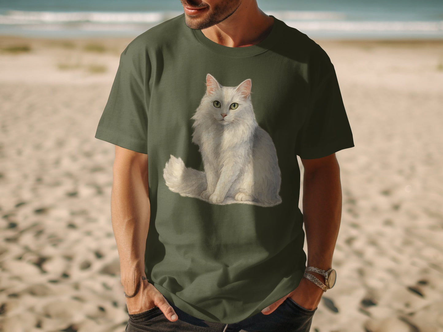 White Fluffy Cat Print Green Short Sleeve Shirt product