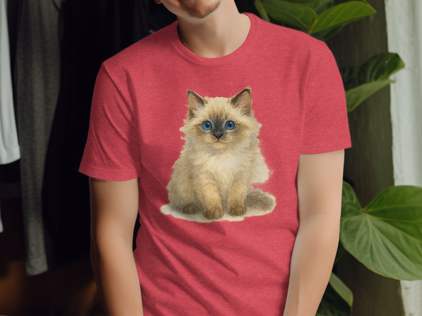 Cute Fluffy Cat Print on Red T-shirt product