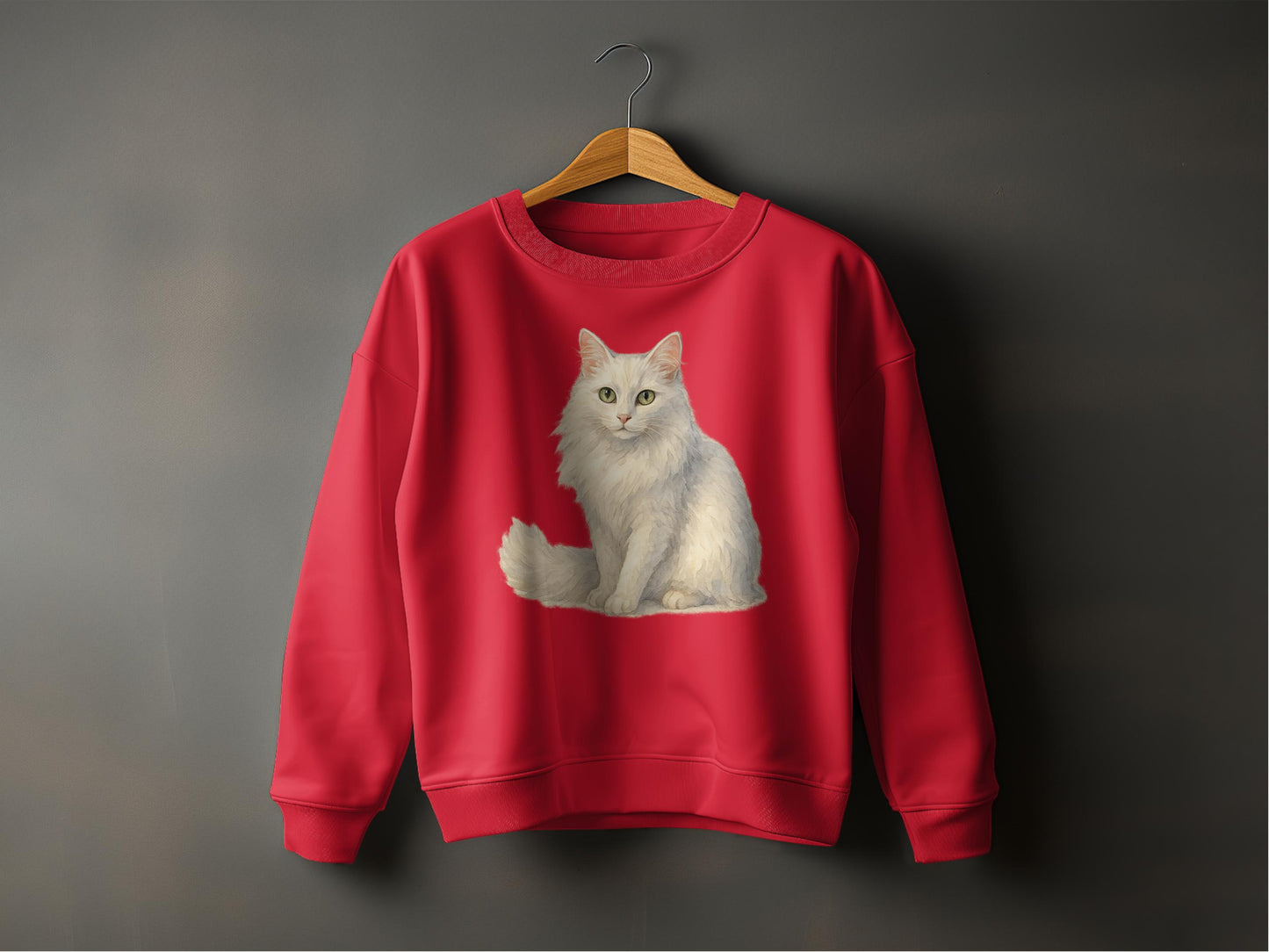 Furry White Cat Illustration on Red Cozy Sweatshirt product