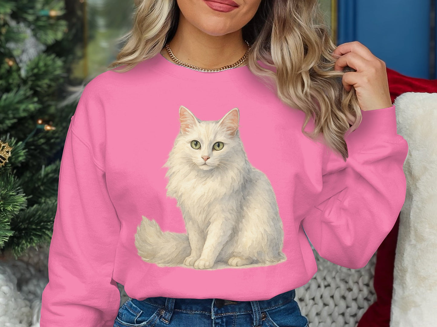 Adorable White Fluffy Cat on Pink Sweatshirt product type