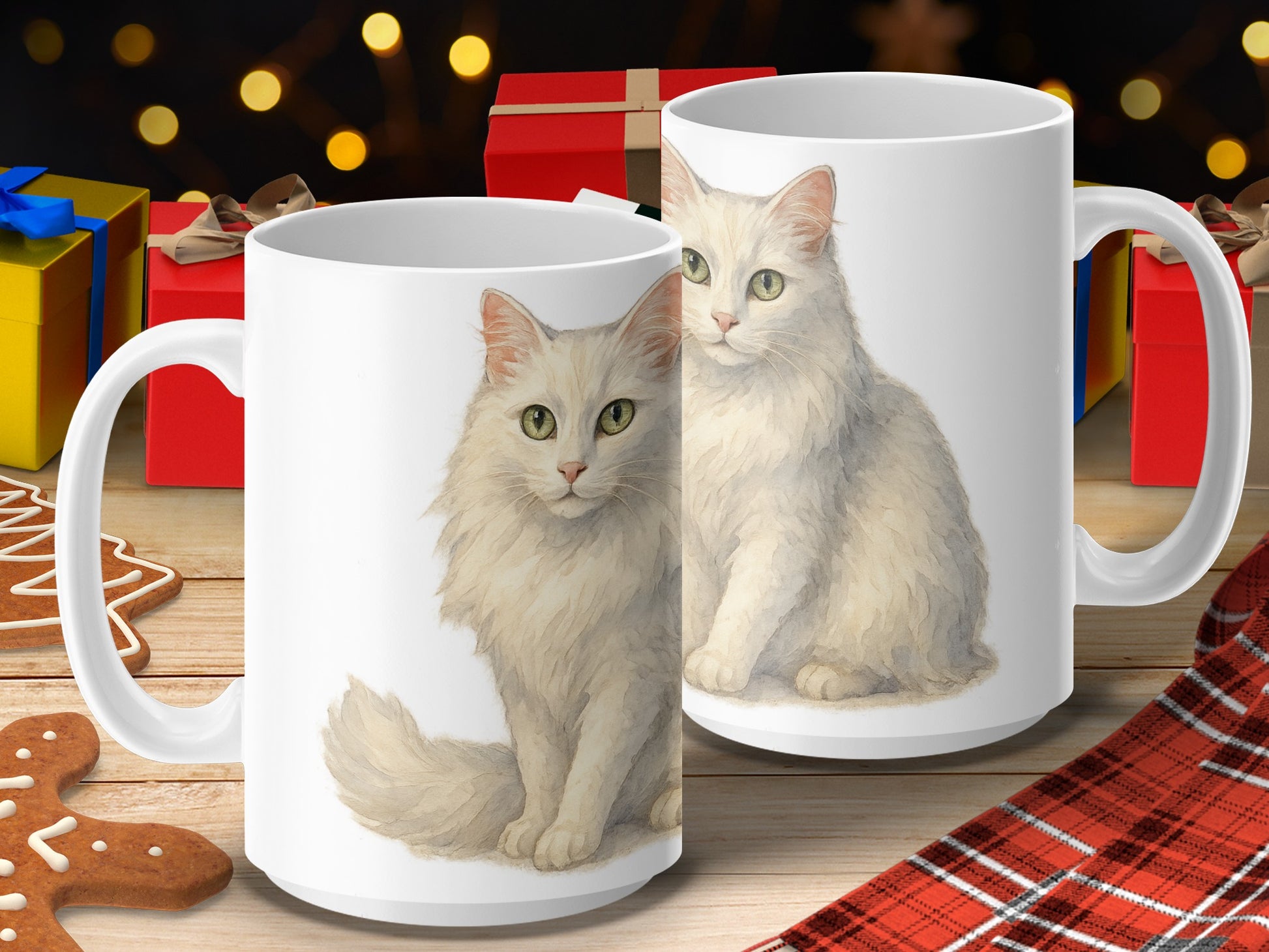 White Furry Cat Print Holiday Mug Christmas product type