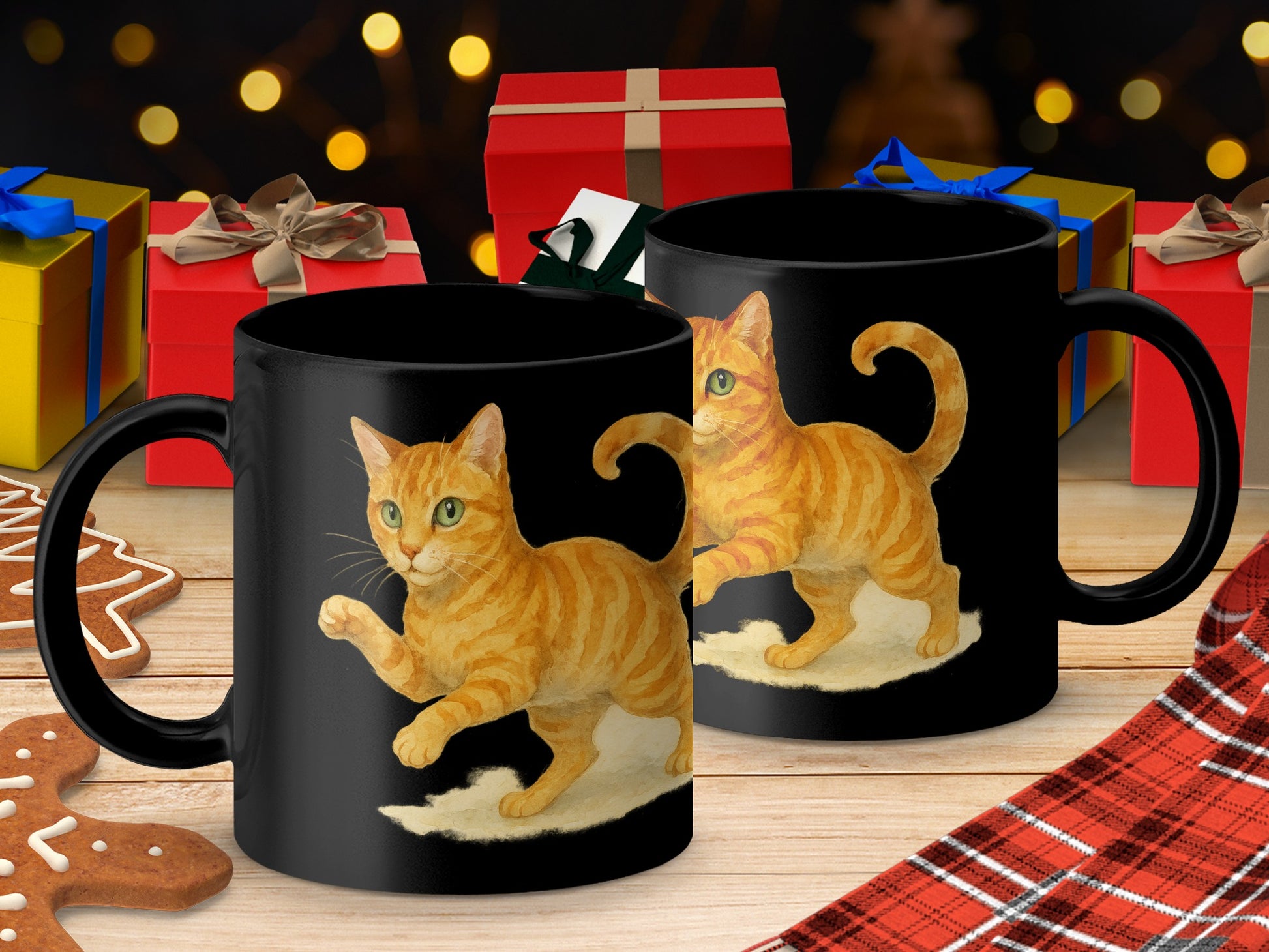 Festive Black Mug Featuring Orange Tabby Cat design product type