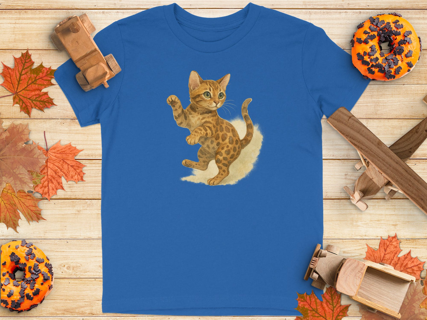 Cute Kitten Playing Design Printed on Blue T-Shirt product