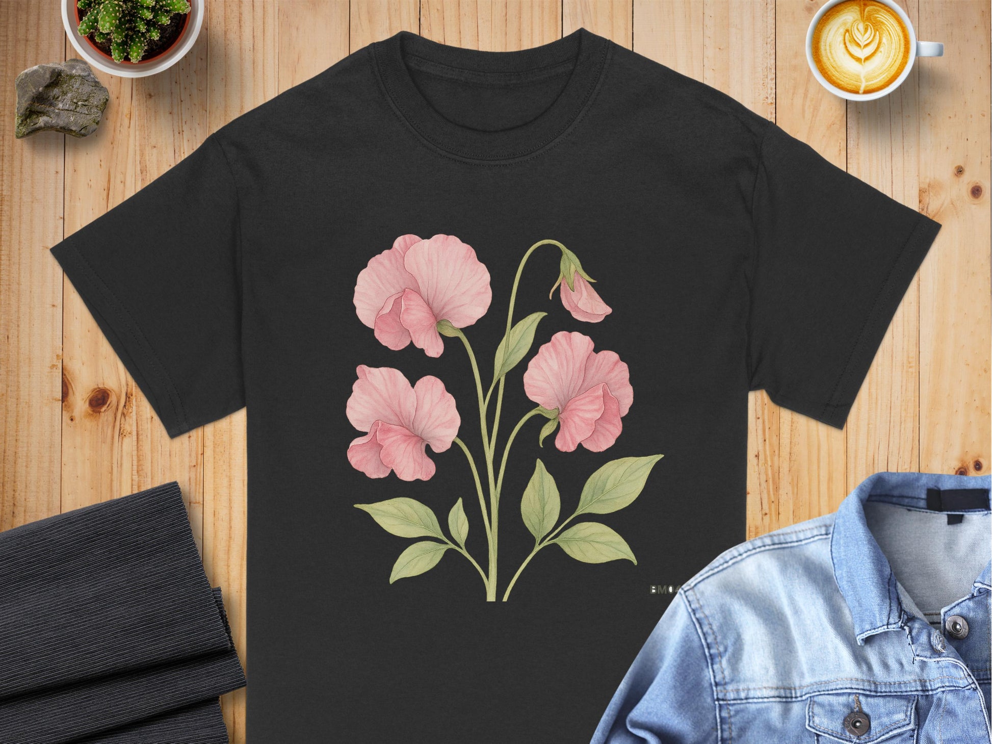 Beautiful Pink Flower Design on Black T-Shirt Product