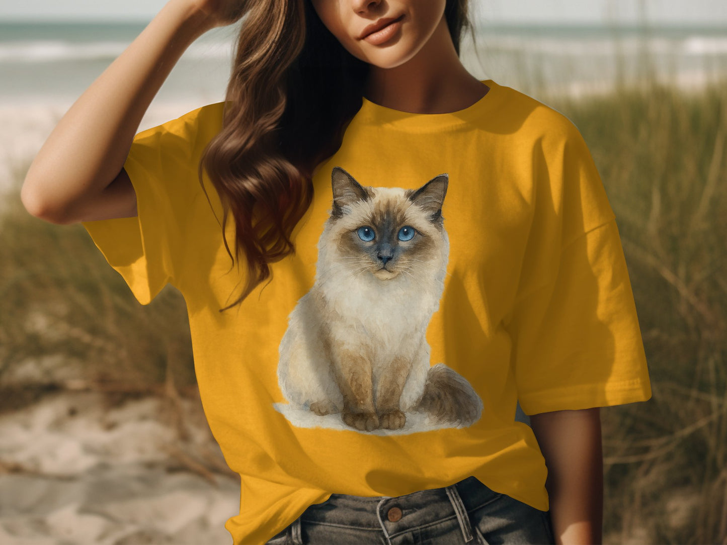 Cute Blue-Eyed Cat Print on Yellow T-Shirt product