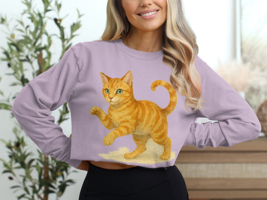 Cute Orange Cat Print Cropped Sweatshirt Fashion Top product