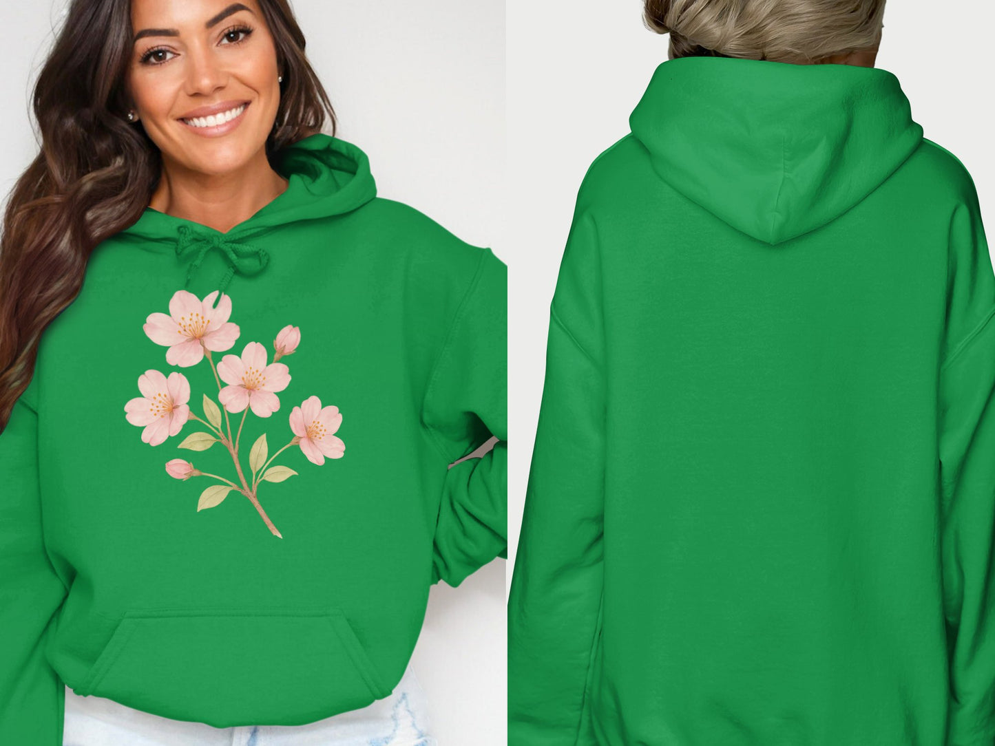 Green Hoodie with Pink Floral Design Hoodie Product