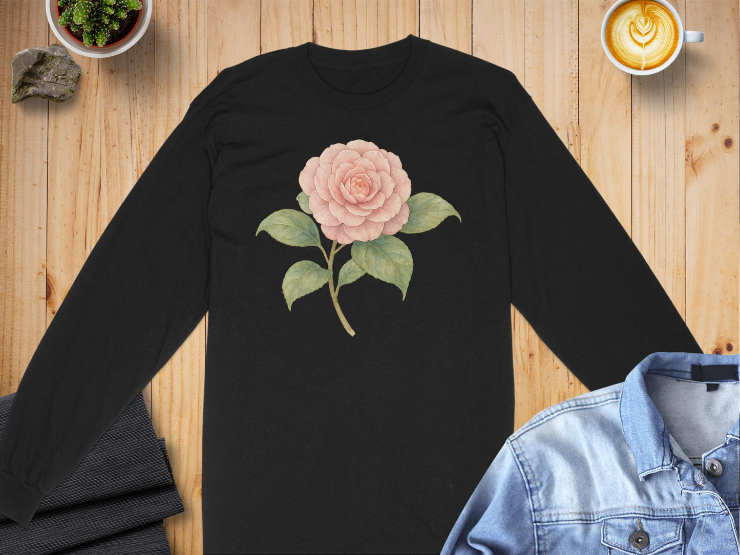 Pink Flower Graphic Print on Black Long Sleeve product