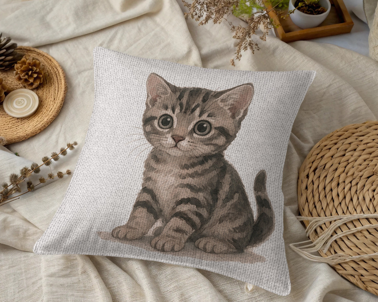Cute Tabby Cat Illustration Square Pillow product