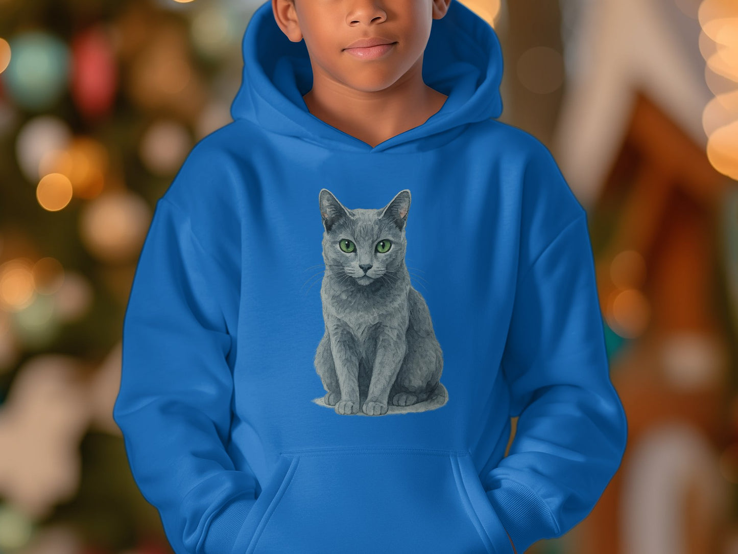 Blue Hoodie Featuring Realistic Gray Cat Image product