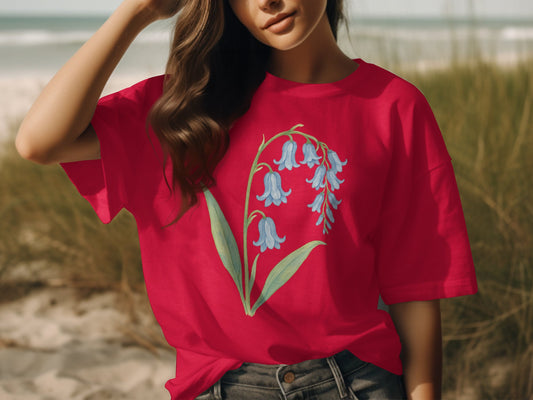Bold Red T-shirt with Blue Bell Flowers Design product
