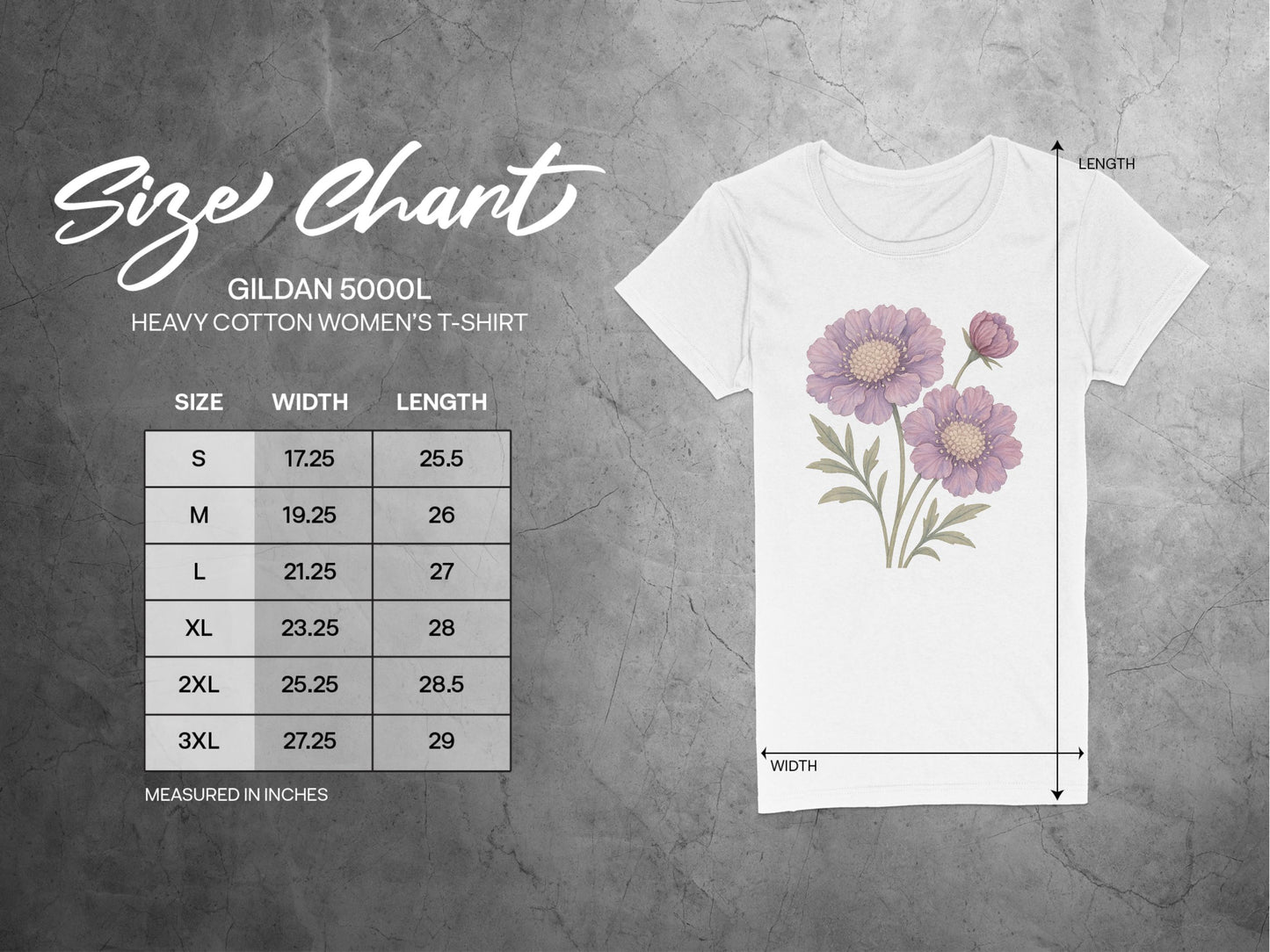 Floral Design White T-Shirt with Size Chart Product Type