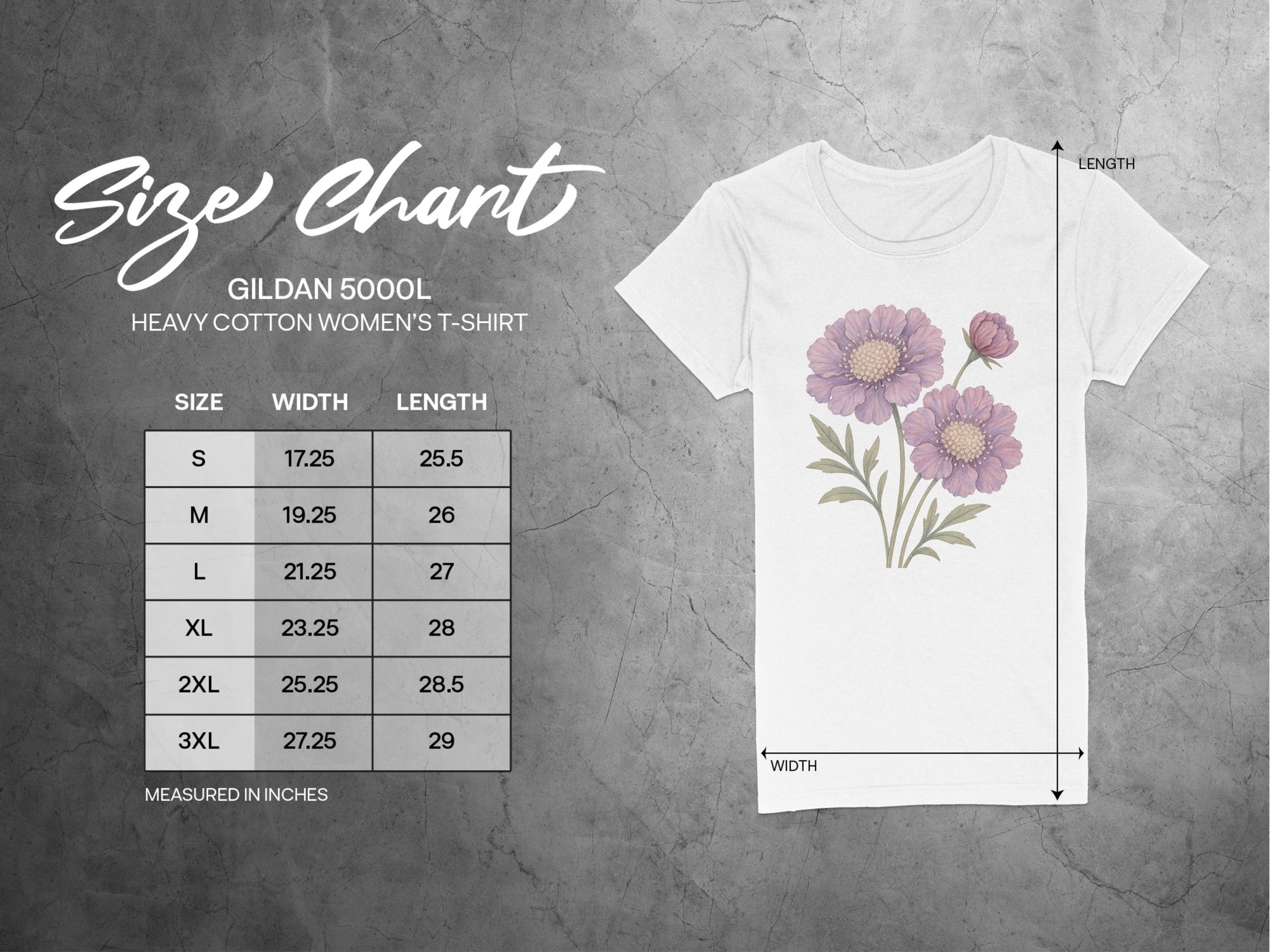 Floral Design White T-Shirt with Size Chart Product Type