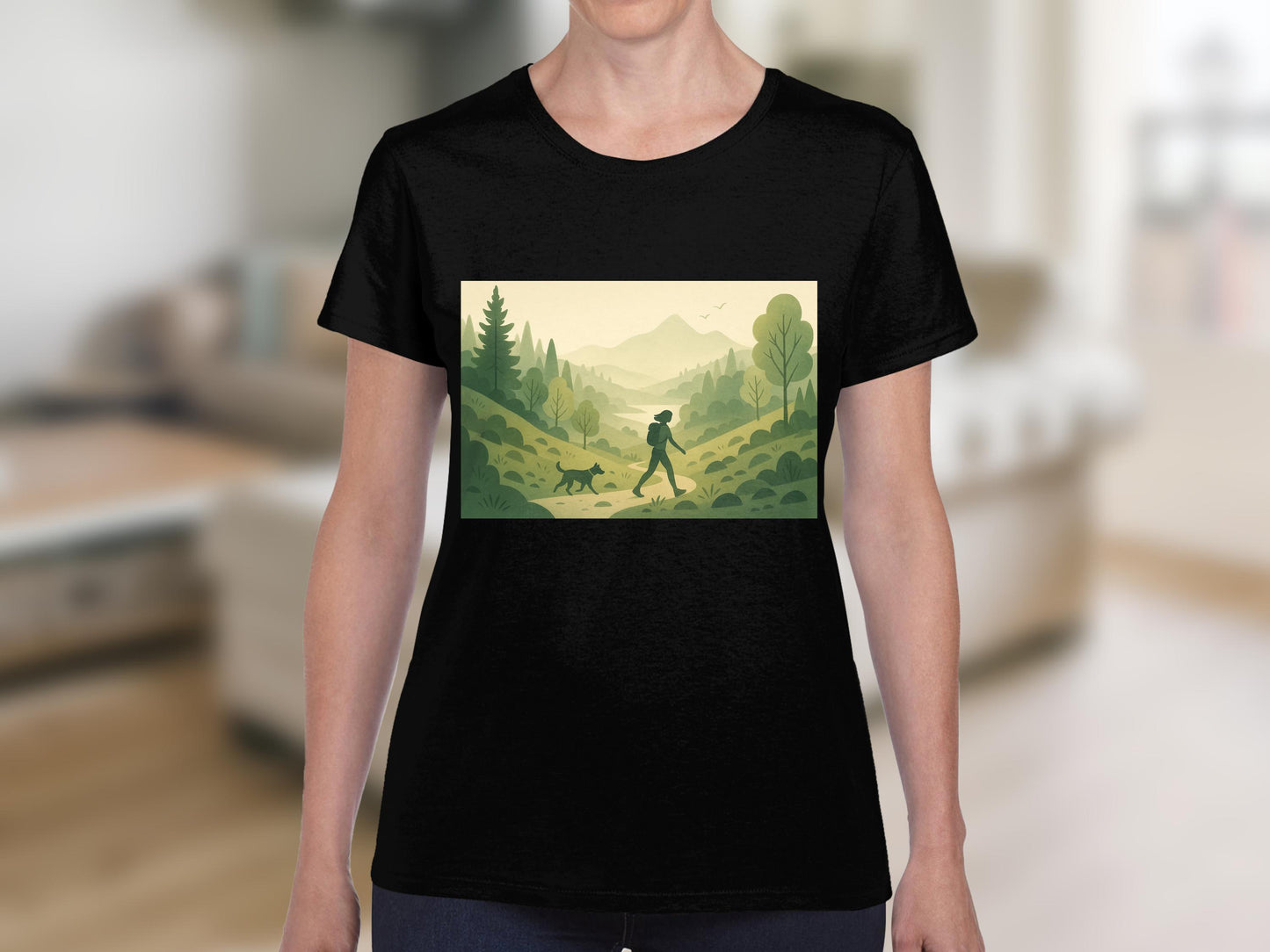 Scenic Mountains and Dog Walker Artistic T-shirt product