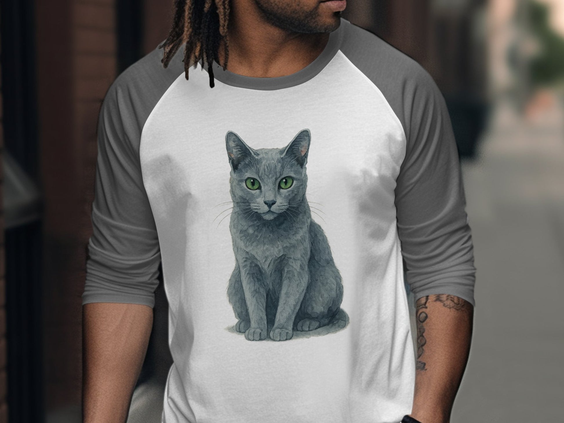 Stylish Long-Sleeve Grey White Cat Print Shirt product