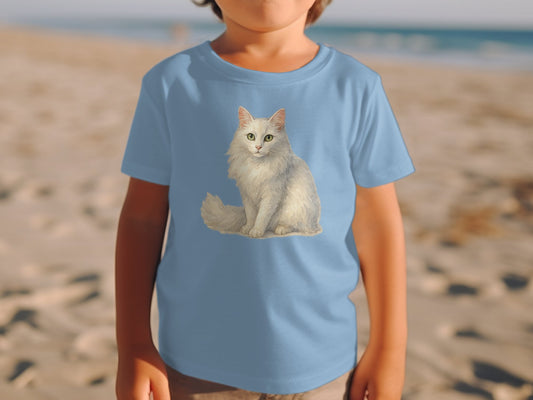 Cute White Cat Print Blue T-Shirt for Kids product