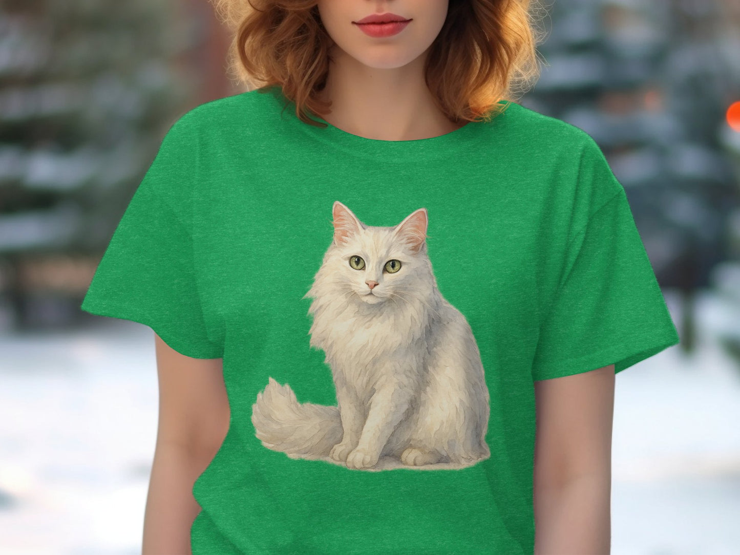 Cute Fluffy White Cat Design on Green Shirt product type