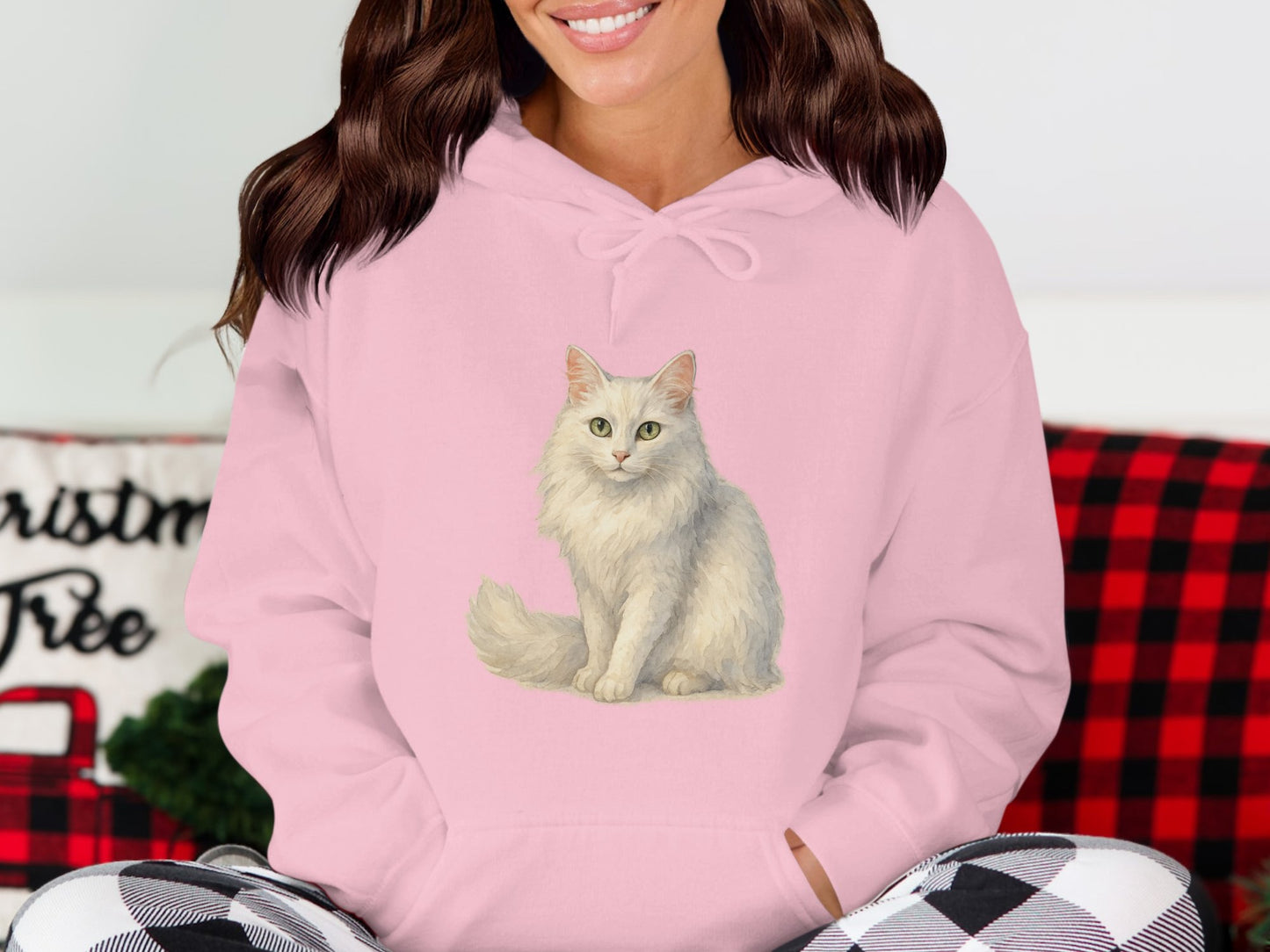 Cute White Cat Print Pink Hoodie Apparel Product