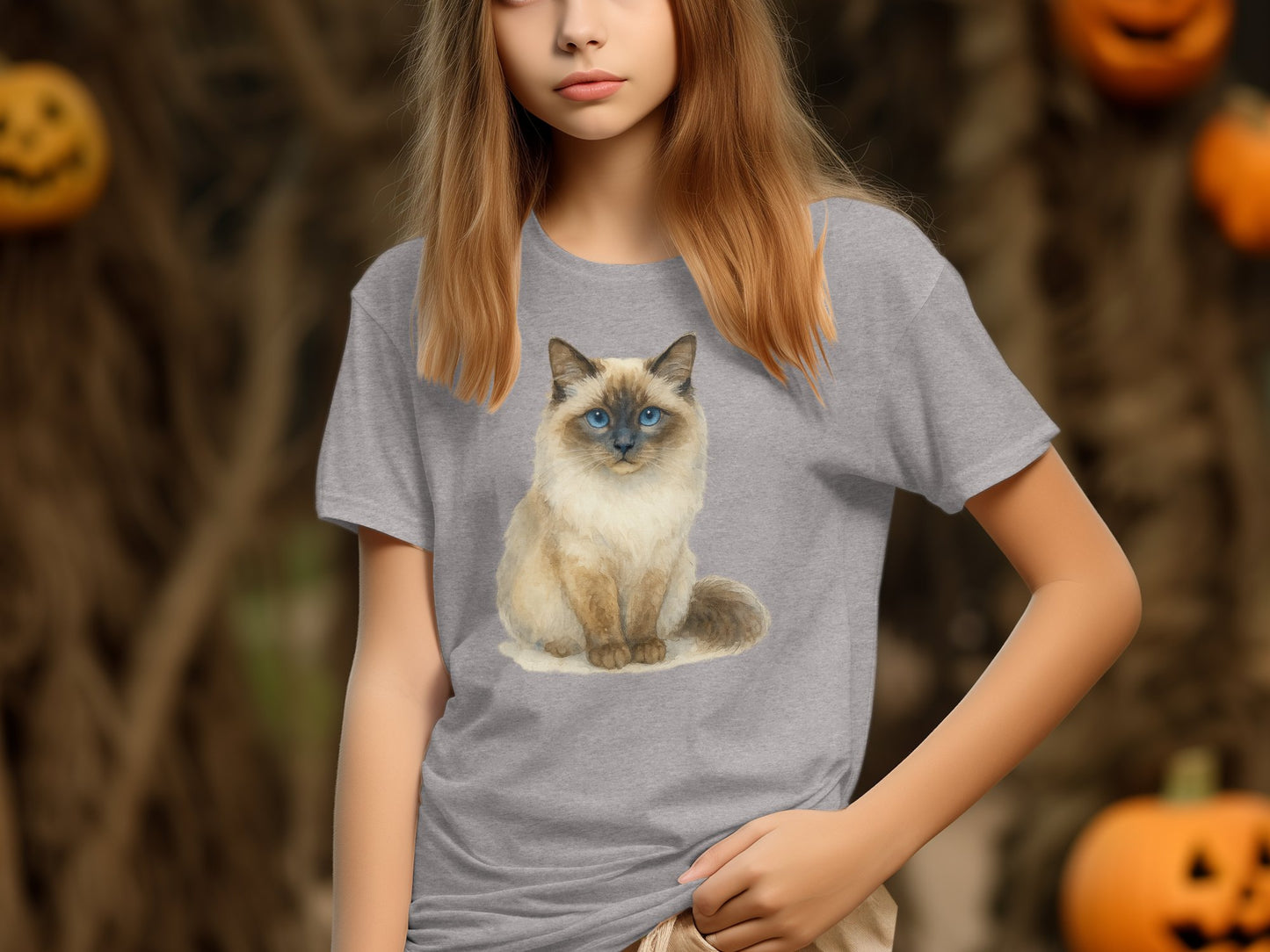 Adorable Siamese Cat Print on Grey Halloween T-Shirt product