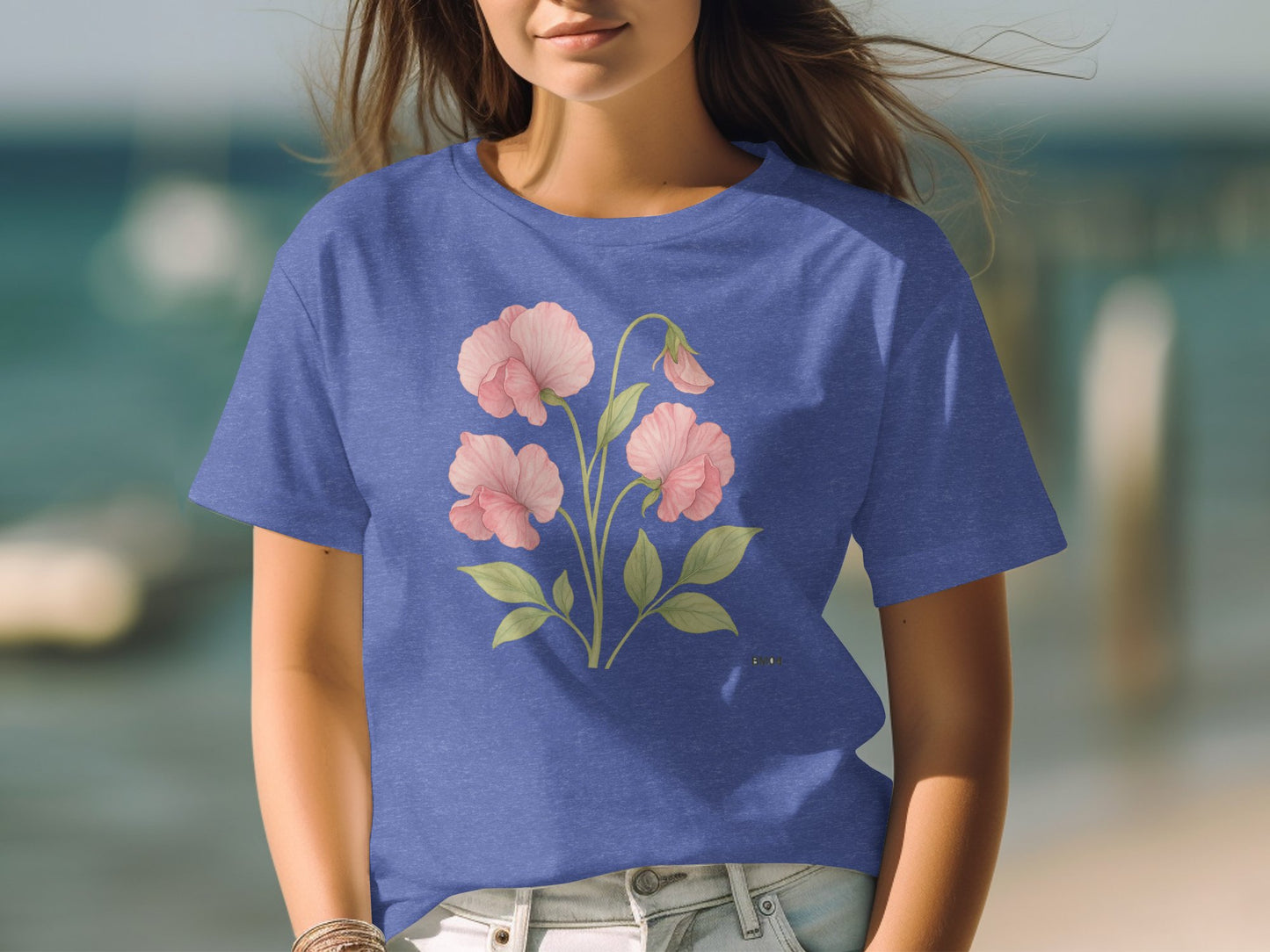 Floral Pink Flower Graphic Blue Tee Shirt product type
