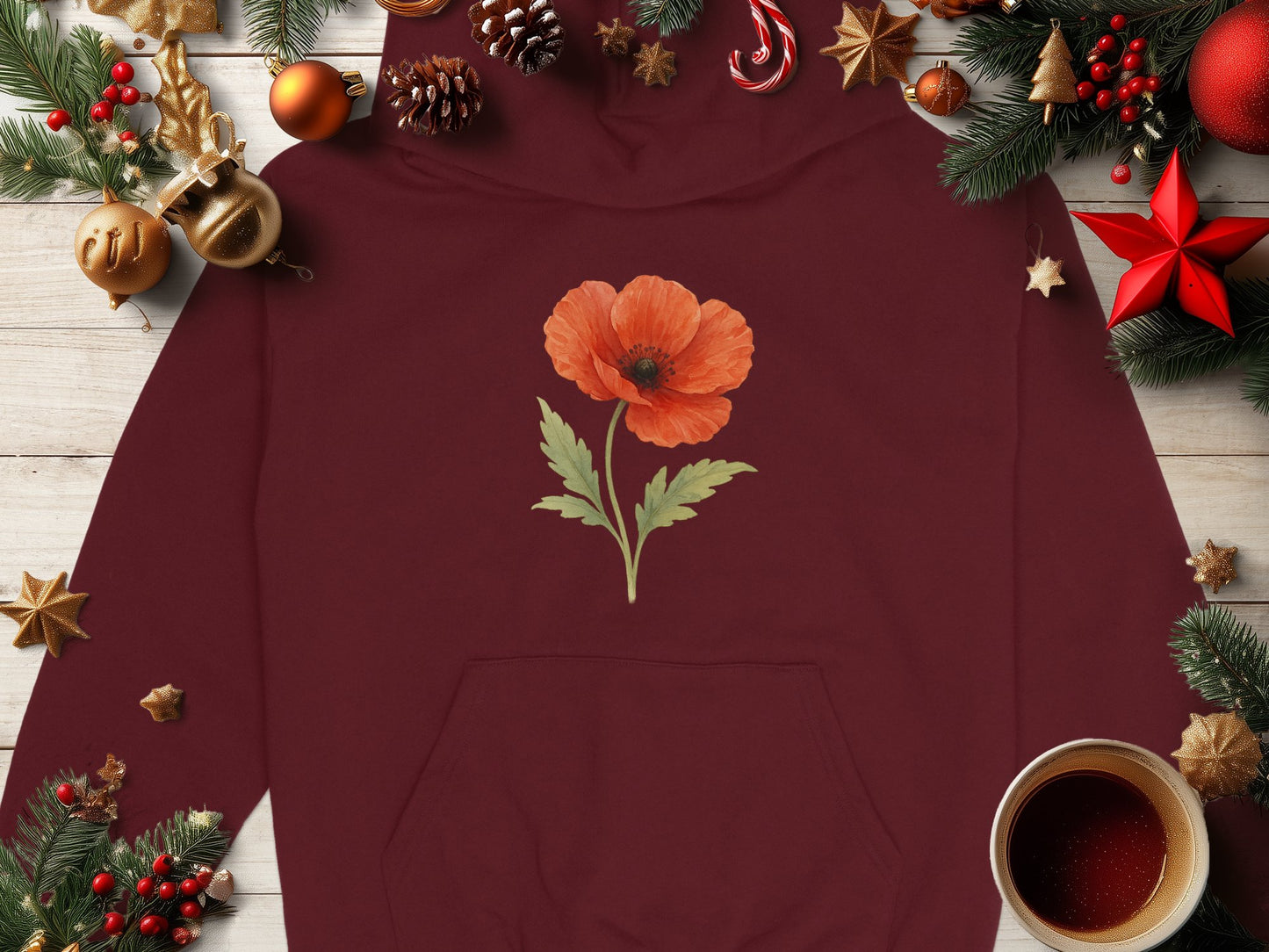 Festive Holiday Floral Design Red Hooded Sweatshirt product