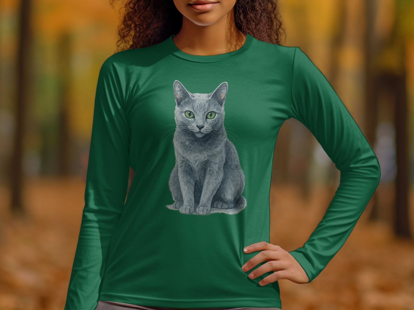 Stunning Grey Cat Artwork on Green Long Sleeve Shirt product