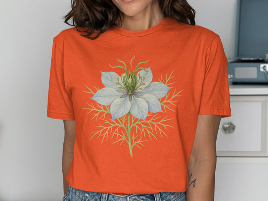 Vibrant Floral Design on Bright Orange T-shirt product