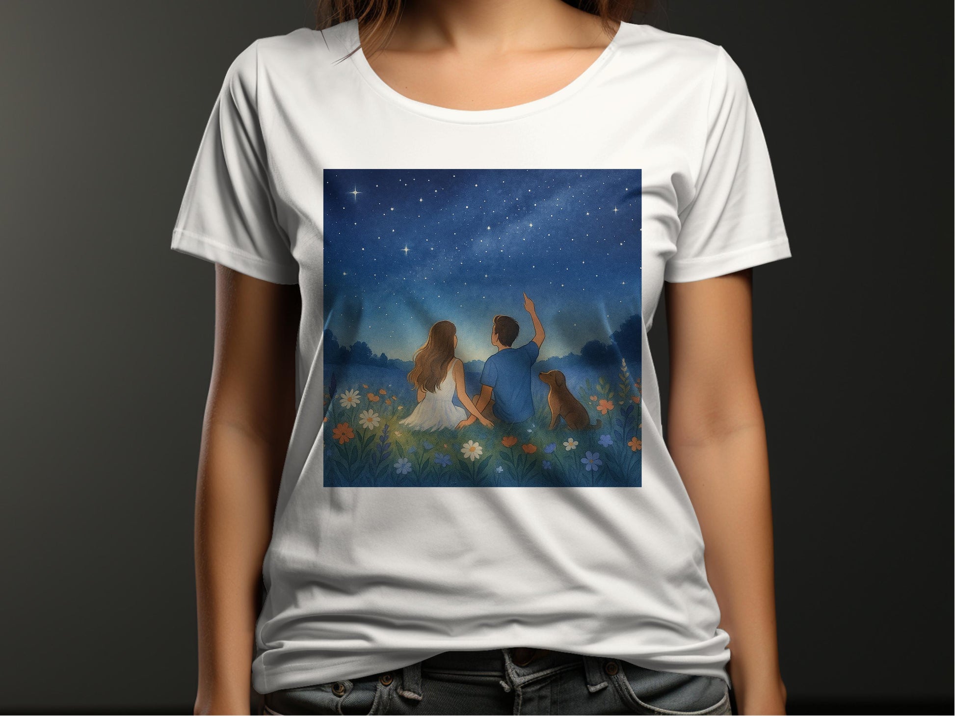 Star Gazing Couple and Dog Night Sky T-Shirt product