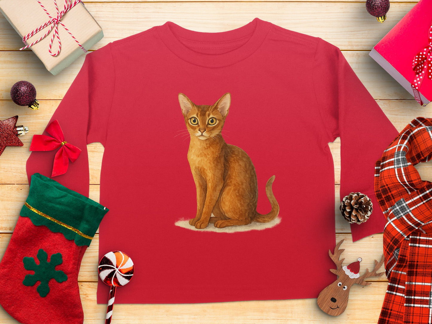 Cat Illustration on Red Festive Long Sleeve Shirt product