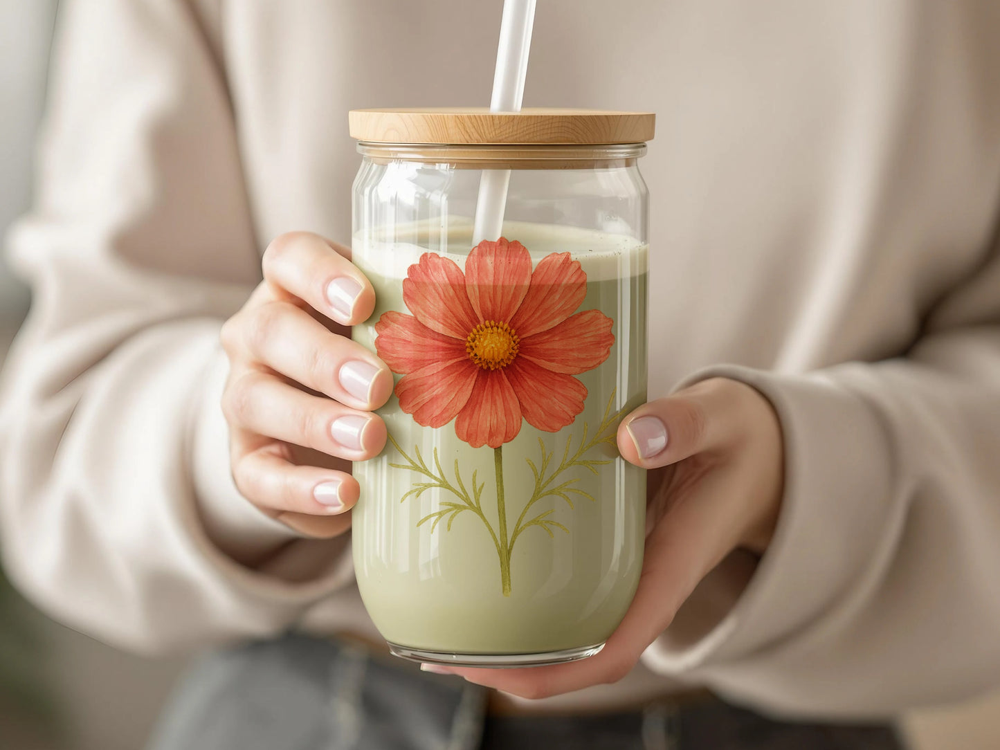 Floral Design Bamboo Lid Reusable Glass Jar product