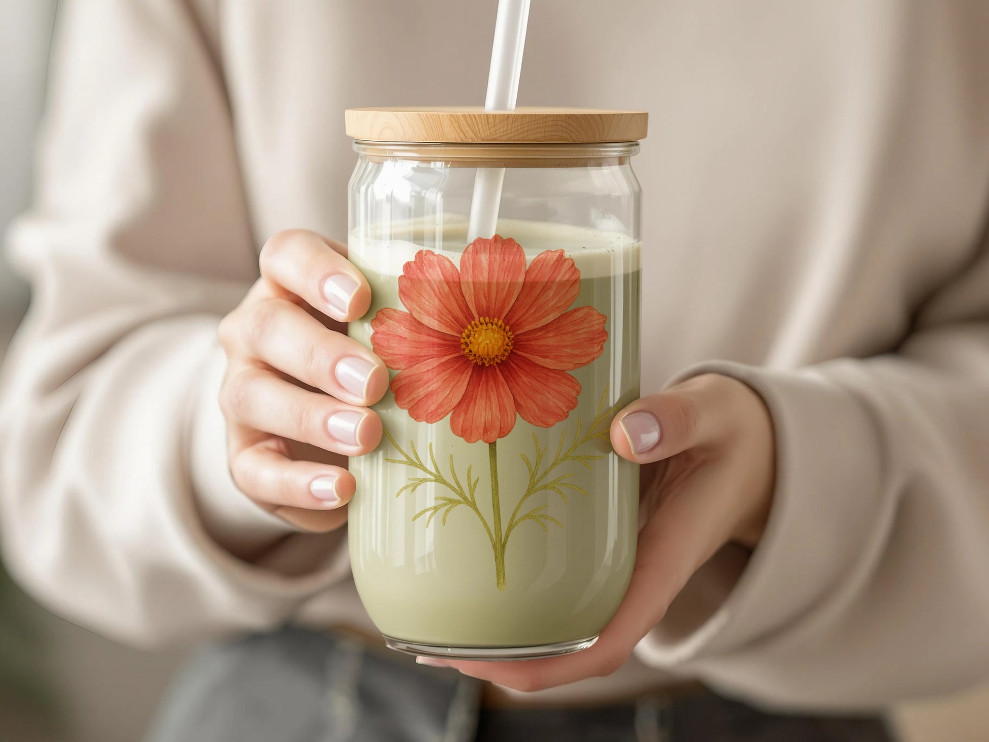 Floral Design Bamboo Lid Reusable Glass Jar product