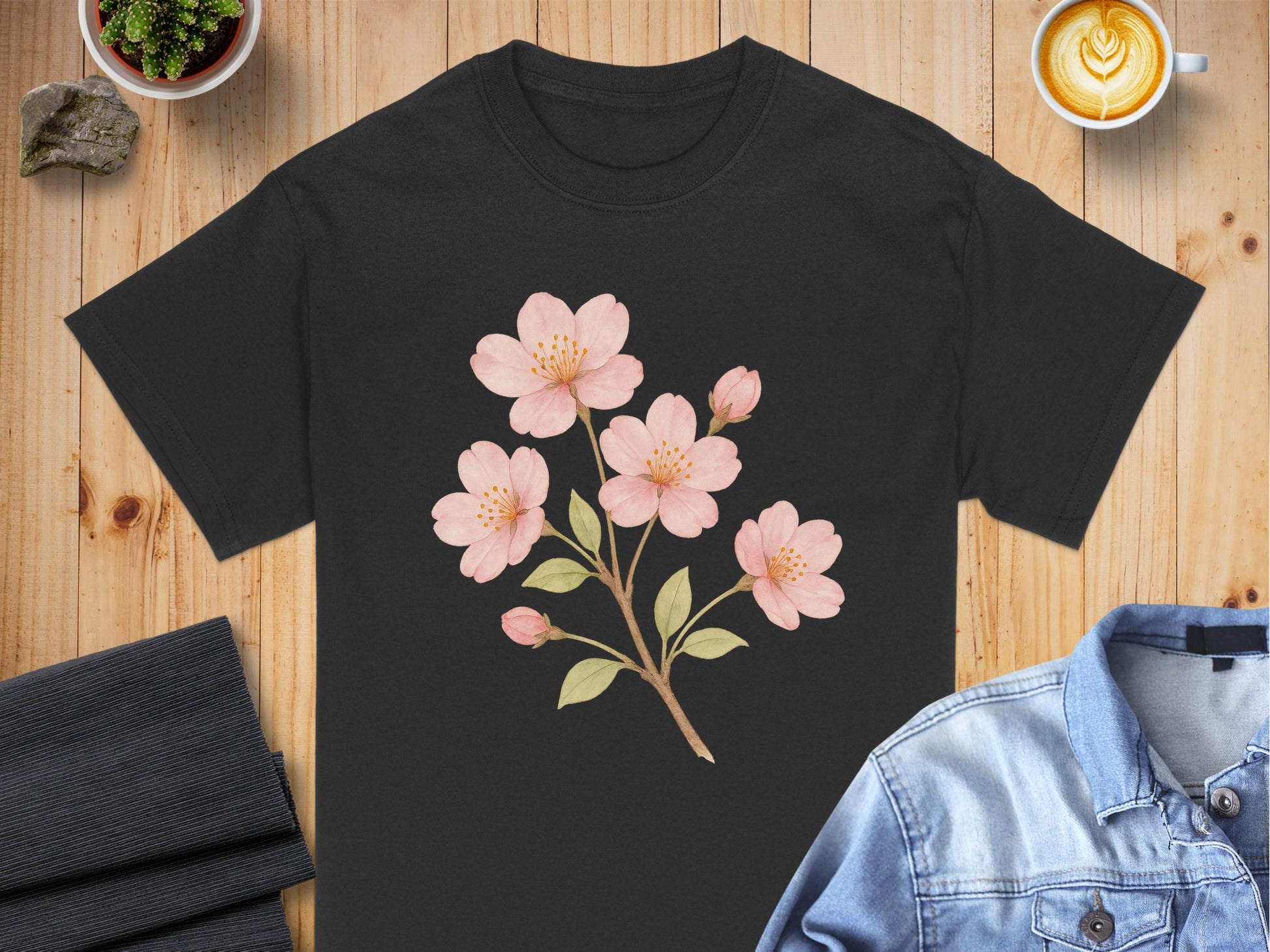 Beautiful Pink Blossom Artwork on Black T-Shirt product type
