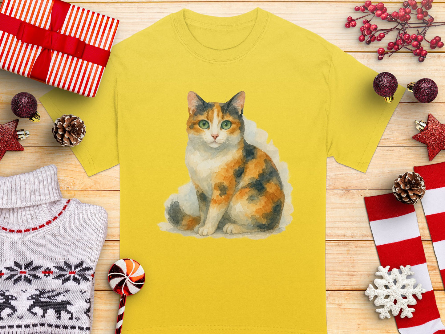 Cute Calico Cat Design on Yellow Background Shirt product