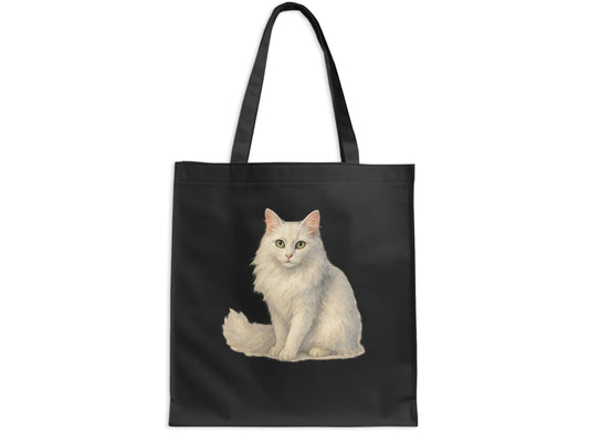 White Cat Illustration on Black Tote Bag product
