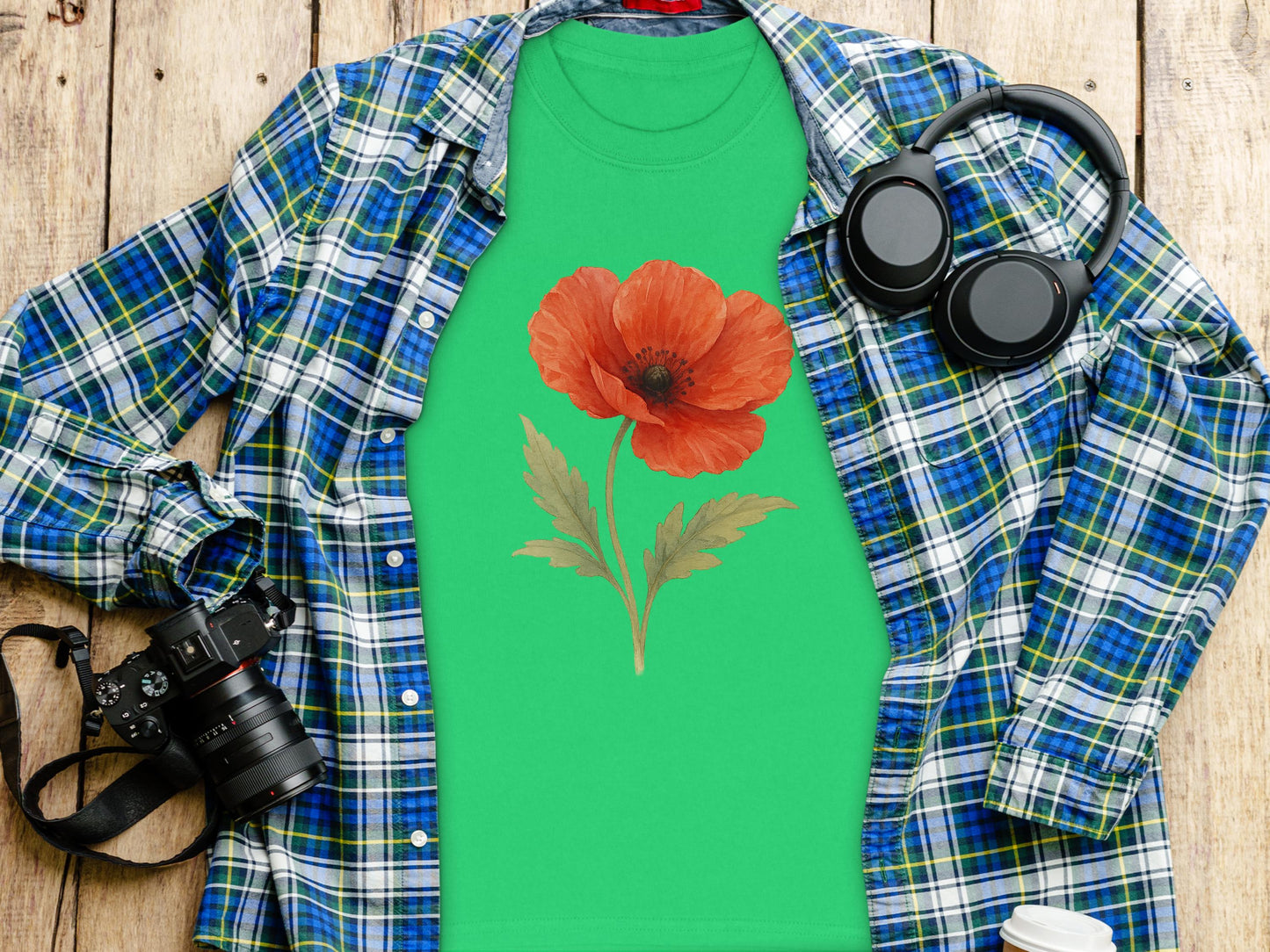 Stylish Green Shirt Featuring Red Poppy Design Shirt