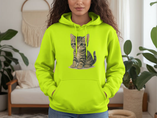 Cute Kitten Print Bright Green Hooded Sweatshirt product