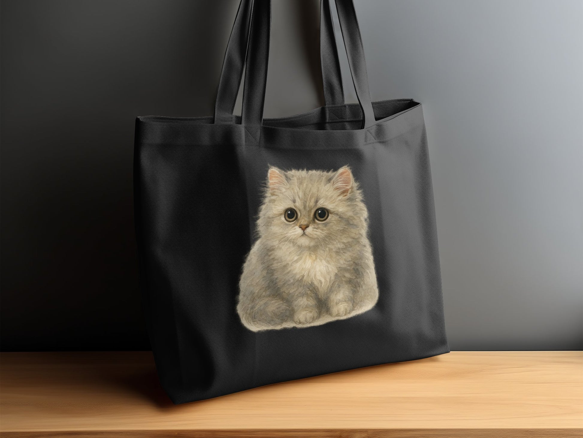 Cute Fluffy Kitten Print Black Fashionable Tote Bag product type