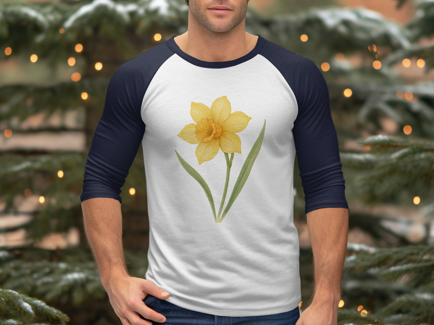 Daffodil Flower Design on White and Blue Shirt product