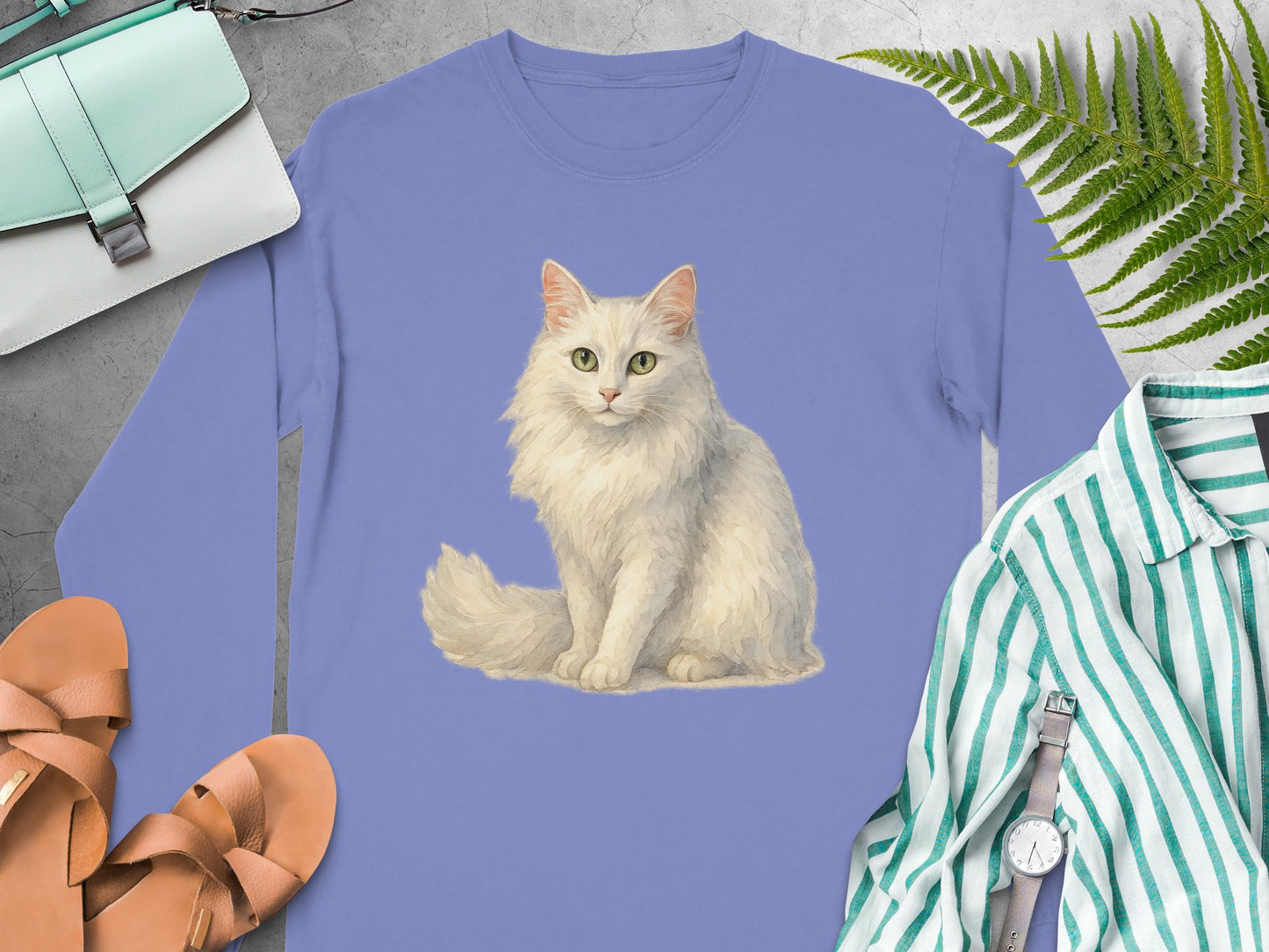 White Fluffy Cat Illustration on Casual Shirt product