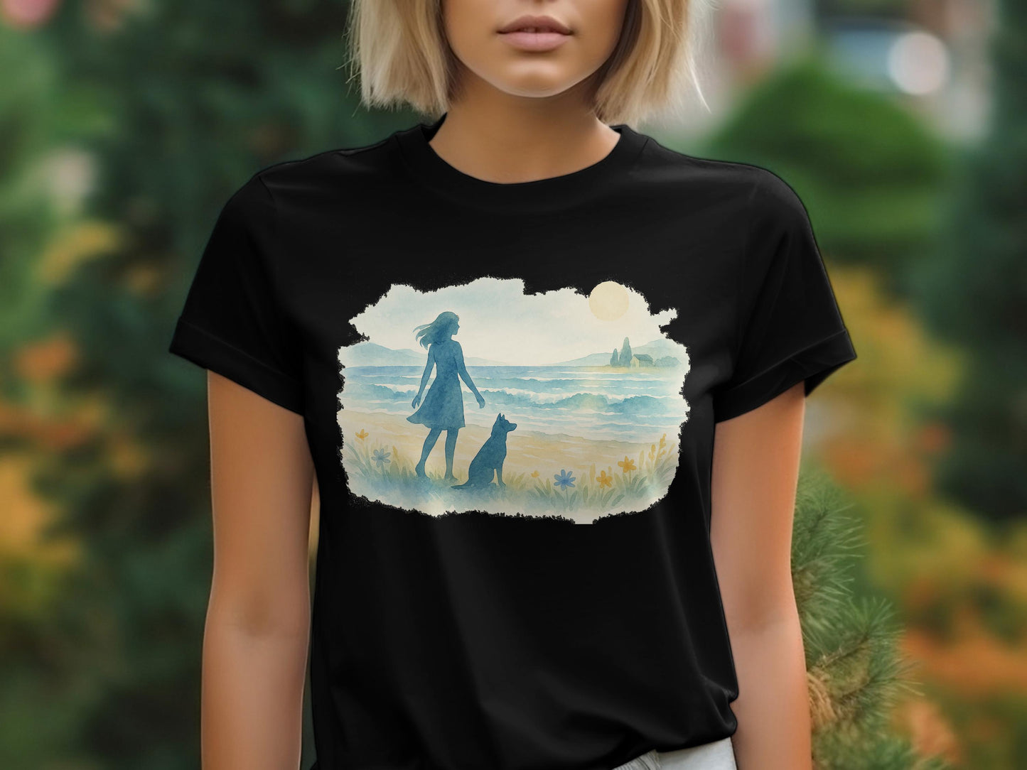 Scenic Beach Walk with Dog Design T-Shirt product type