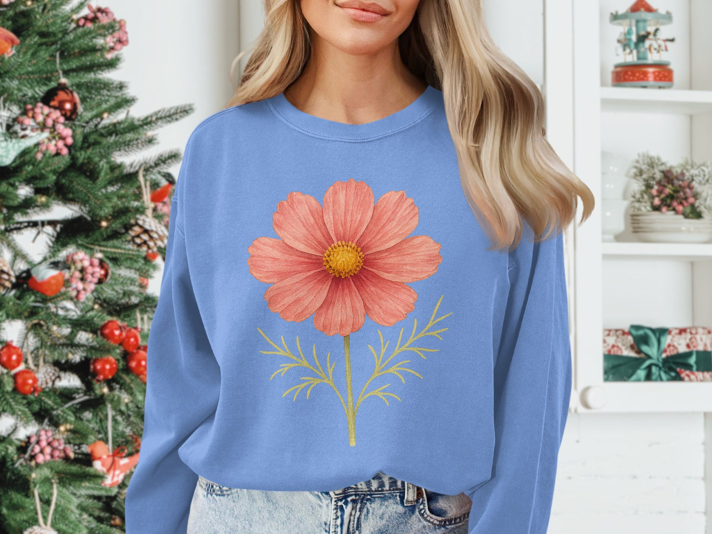 Blue Sweatshirt with Pink Floral Design product type