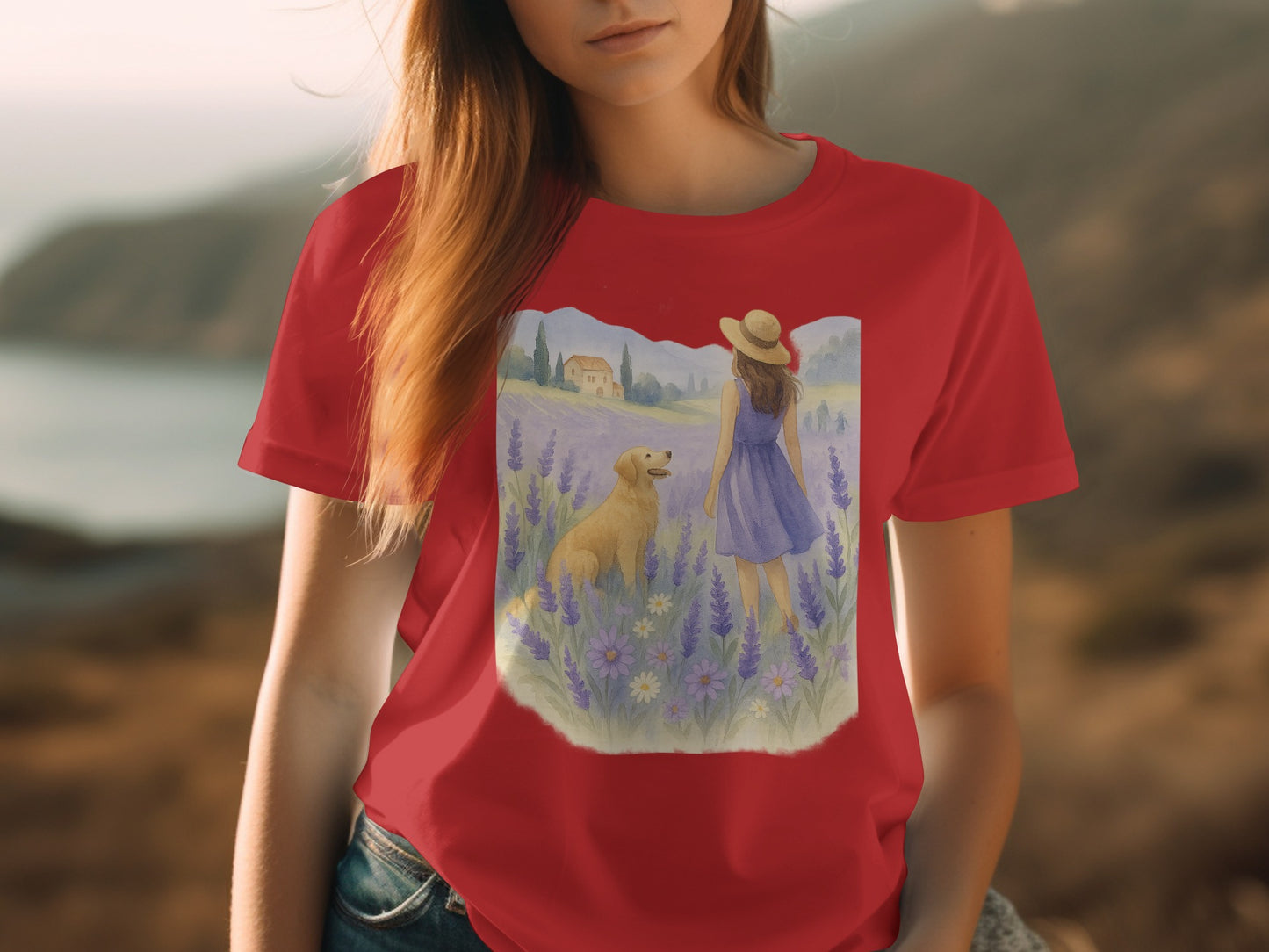 Scenic Lady with Dog in Flower Field T-Shirt product