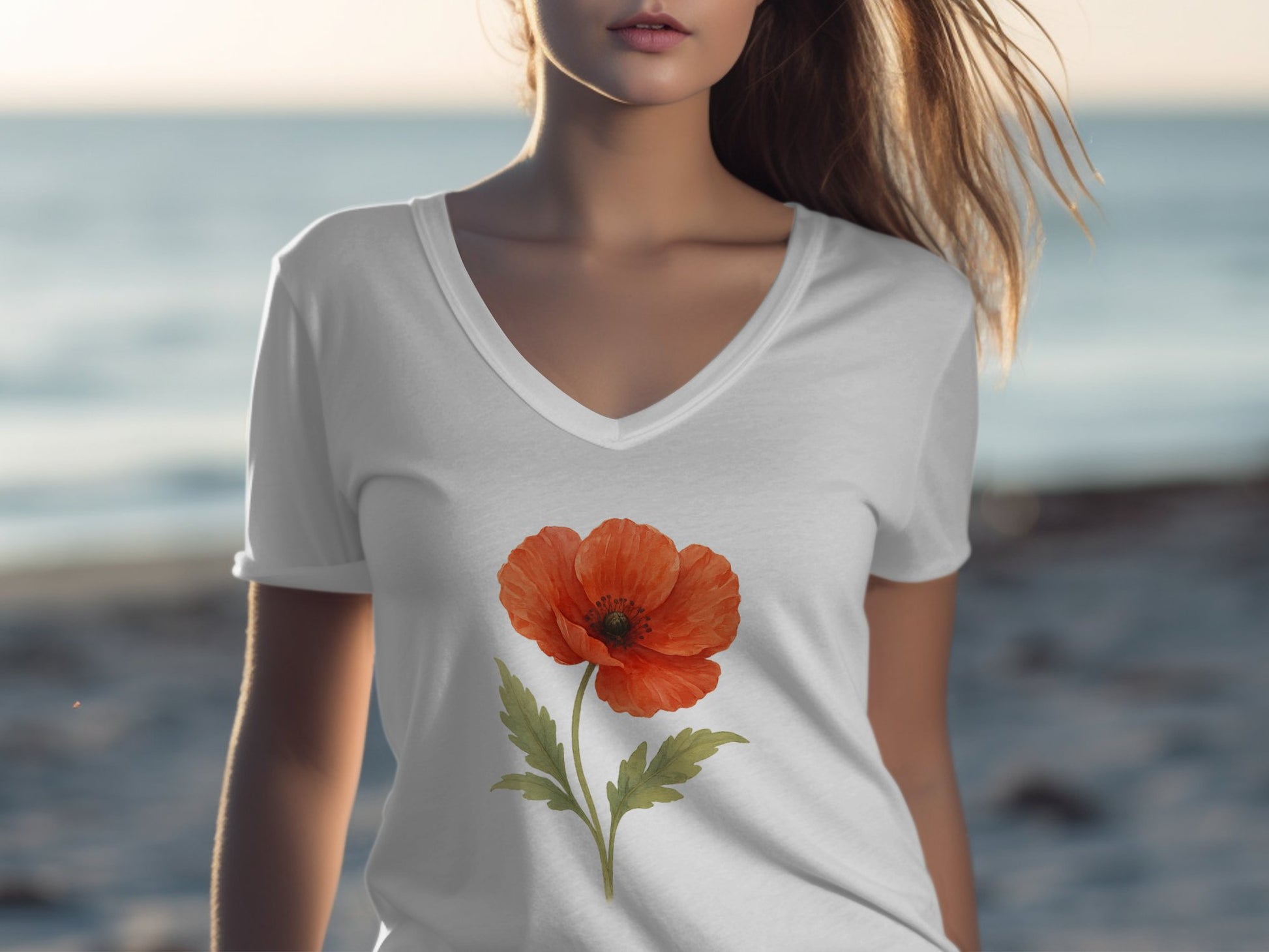 Orange Poppy Flower Design V Neck Women's T Shirt product